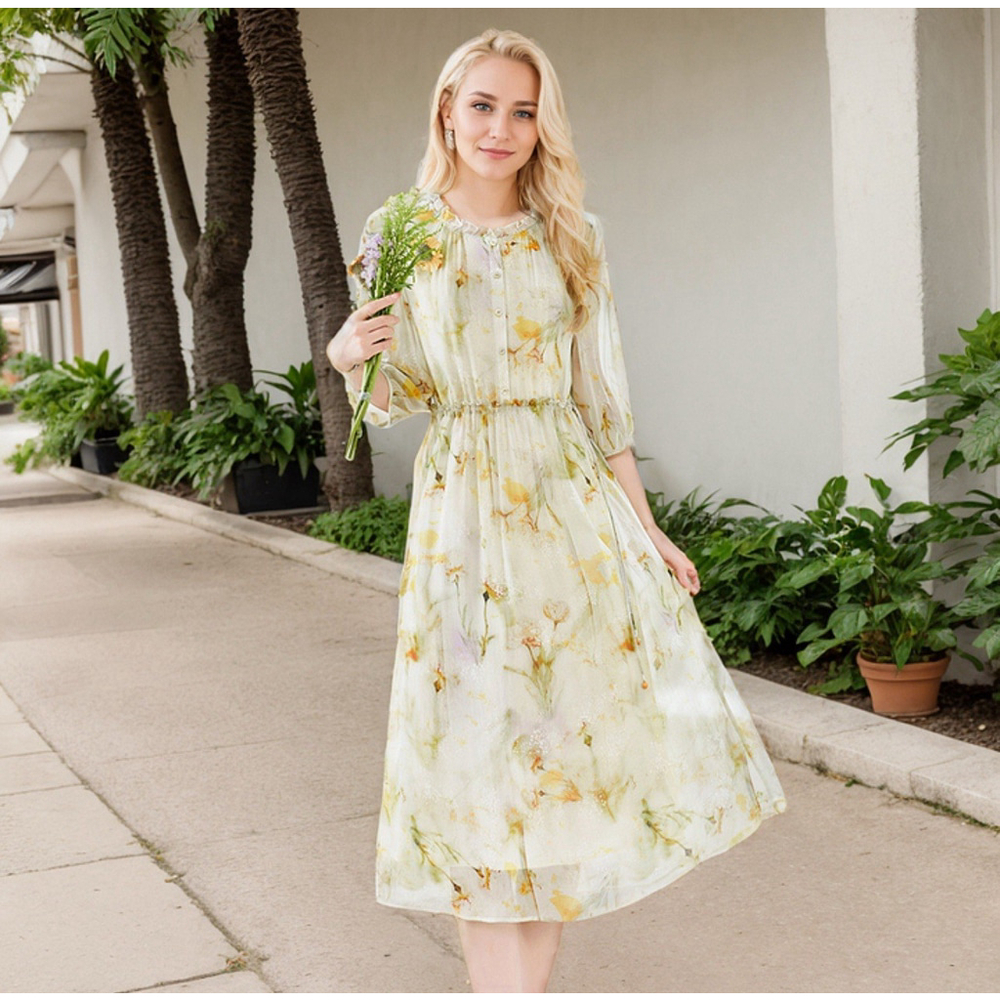 Flower Silk Dress Women's Slim Printed Mid-length Real Silk Life L-XL